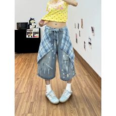 批发撞色格纹裙摆泼墨牛仔七分裤裤子女童2026夏季新款高腰阔腿<b class='q'>短</b>裤潮