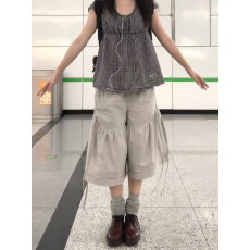 批发<b class='q'>大码</b>美式复古花边拼接阔腿七分<b class='q'>裤</b>女夏季新款松紧腰a字工<b class='q'>装</b>休闲<b class='q'>裤</b>