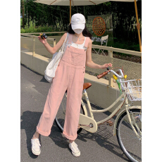 批发盐甜系韩版粉色背带裤女夏新款小个子宽松直筒<b class='q'>阔</b><b class='q'>腿</b>休闲牛仔<b class='q'>连体裤</b>