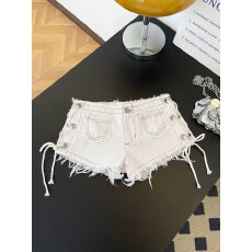 实拍~美式新款欧美紧身牛仔裤女性感绑带辣妹低腰复古短裤热裤