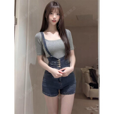 批发美式辣妹无袖牛仔背带裤女不规则<b class='q'>高腰</b>复古个性直筒显瘦阔腿短裤子