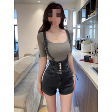 批发小个子美式辣妹风<b class='q'>高腰</b>牛仔背带短裤女夏修身显瘦复古包臀外穿热裤