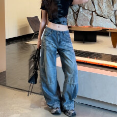 批发美式复古风解构弯刀阔腿<b class='q'>牛仔裤</b><b class='q'>女</b>2026夏季新款宽松显瘦高街风长裤