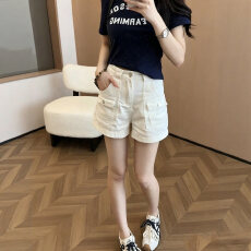 批发美式复古阔腿工装裤<b class='q'>女</b>夏薄款小个子高腰显瘦直筒百搭白色牛仔短裤