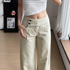 批发卡其色双扣阔腿<b class='q'>牛仔裤</b><b class='q'>女</b>2026秋季新款宽松显瘦百搭慵懒直筒裤