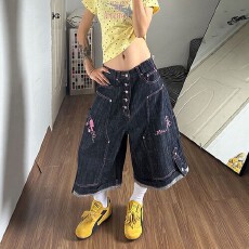 批发美式复古辣妹多排扣工装<b class='q'>裤</b><b class='q'>子女</b>夏季新款街头粉色缝线设计七分中<b class='q'>裤</b>