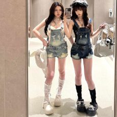 批发复古水洗复古蓝破洞牛仔背带短裤女夏季新款修身显瘦包臀连体<b class='q'>热裤</b>
