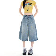 批发彩色立体<b class='q'>绣花</b>牛仔短裤女2026秋季新款宽松小众多巴胺设计感七分裤