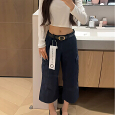 批发美式复古藏青色直筒工装裤<b class='q'>女</b>夏薄款2026新款多口袋宽松阔腿<b class='q'>七分裤</b>