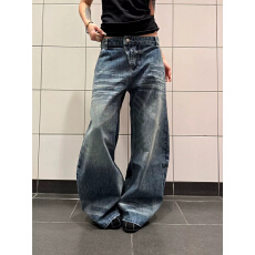 批发美式复古水洗猫须竹节纹阔腿牛仔裤女设计感低腰宽松直筒拖地长裤