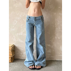 批发美式复古拿破仑设计感宫廷风微喇牛仔裤女cleanfit宽松显瘦直筒裤