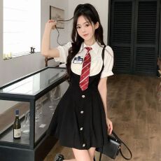 批发学院风<b class='q'>衬衣</b>拼接假两件<b class='q'>连衣裙</b>女2026夏季新款美式收腰显瘦百褶短裙