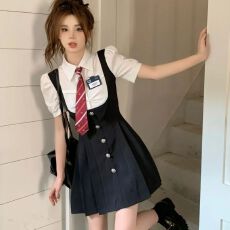 批发大码2026夏季新款美式甜辣学院风收腰显瘦假两件短袖<b class='q'>衬衣</b><b class='q'>连衣裙</b>
