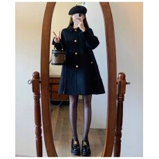 批发高级黑色斗篷金属扣上衣女春秋装新款韩版小个子<b class='q'>宽松</b>显瘦毛呢<b class='q'>外套</b>