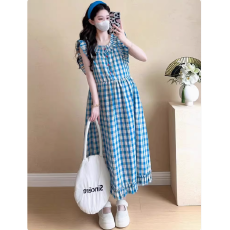 批发孕妇<b class='q'>连衣裙</b>2026新款夏季时尚洋气法式格子飞飞袖长裙夏款孕妇裙子