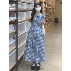 批发茶歇法式格子<b class='q'>连衣裙</b>女夏温柔风复古气质收腰甜美森系仙女初恋长裙