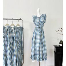 批发蓝色格子飞飞袖<b class='q'>连衣裙</b>女2026夏季新款高级感<b class='q'>田园</b>风小众中长裙子女