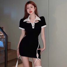 批发性感镂空polo领<b class='q'>连衣裙</b>女装夏季新款韩版时尚修身<b class='q'>开叉</b>绑带包臀裙潮