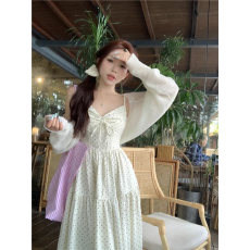 批发【露丝少女~】波点吊带连衣裙女2026<b class='q'>夏</b>季V领收腰显瘦印花长裙子女