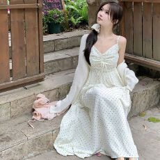 批发波点吊带裙内搭连衣裙女2026<b class='q'>夏</b>季新款收腰显瘦绑带抽褶印花长裙子