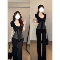 批发人棉260克 绑带短袖开衫吊带两件套女夏外搭修身短款披肩小上衣