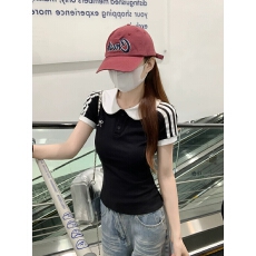 批发40支纯棉 时尚潮流撞色别致娃娃领短袖t恤女夏季修身刺绣炸街上衣