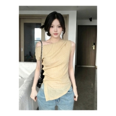 批发原版面料 韩系不规则斜领露肩T恤女夏季纯欲辣妹收腰绝美褶皱上衣
