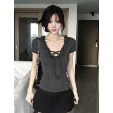 批发人棉260克 美式辣妹V领蕾丝花边系带短袖t恤女夏季独特漂亮上衣