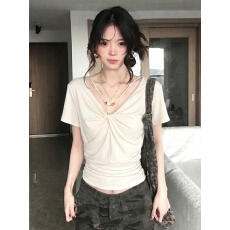 批发40支纯棉1*1 美式辣妹风V领扭结<b class='q'>短</b>袖T恤女夏季设计感褶皱气质上衣