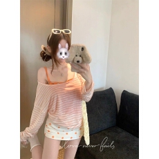 橘色条纹防晒罩衫薄纱上衣吊带两件套装女2026夏季长袖多巴胺穿搭