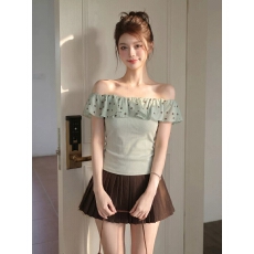批发人棉260克 波点一字肩短袖<b class='q'>t</b><b class='q'>恤</b>女夏季甜美短款上衣设计感法式小众