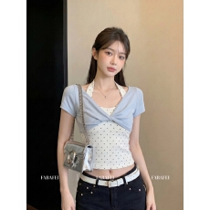 批发40支纯棉 韩系挂脖假两件波点<b class='q'>T</b><b class='q'>恤</b>女夏款甜辣妹别致扭结显瘦小上衣
