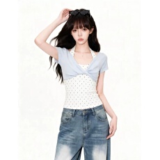 批发40支纯棉 韩系挂脖假两件波点<b class='q'>T</b><b class='q'>恤</b>女夏款甜辣妹别致扭结显瘦小上衣