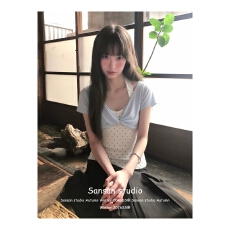 批发40支纯棉 韩系挂脖假两件波点<b class='q'>T</b><b class='q'>恤</b>女夏款甜辣妹别致扭结显瘦小上衣