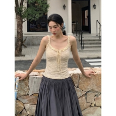 批发人棉260克+杏色蕾丝 木耳边吊带背心2026夏外穿小众修身显瘦上衣