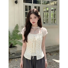 批发人棉260克+天丝条 韩系<b class='q'>甜美</b>温柔时尚短袖女夏季网纱花边修身上衣