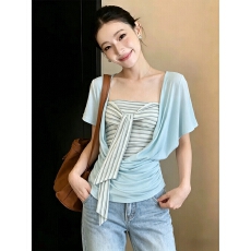 批发原版做法 撞色条纹绑带抹胸背心女<b class='q'>夏</b>季小个子收腰辣妹叠穿两件套