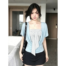 批发原版做法 撞色条纹绑带抹胸背心女<b class='q'>夏</b>季小个子收腰辣妹叠穿两件套