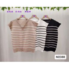 批发时尚V领撞色条纹针织宽松针织小飞袖上衣