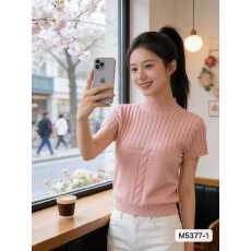 批发时尚半高领纯色麻花针织百搭短袖