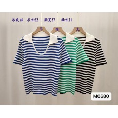 批发复古港风翻U领针织条纹t恤短袖上衣<b class='q'>女</b>