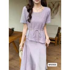 批发韩系温柔圆领亮片<b class='q'>镂空</b>系带收腰显瘦套头短袖