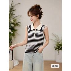 批发韩版时尚翻领半拉链设计撞色<b class='q'>条纹</b>套头背心