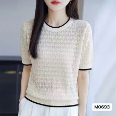 批发<b class='q'>韩版</b>圆领拼色爱心镂空设计针织套头短袖上衣女