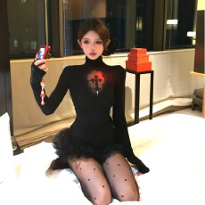 批发黑色高领十字架镂空长袖T恤女秋<b class='q'>冬</b>美式复古纯欲辣妹内搭打底上衣