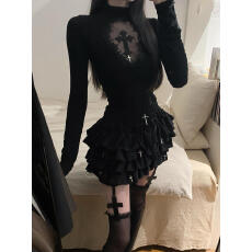 批发起亚风拽姐高领暗黑哥特十字架镂空微透修身打底针织衫女时尚套装