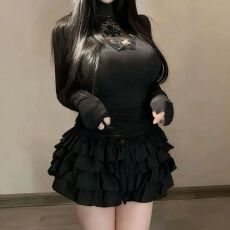 批发辣妹百搭显瘦高领暗黑十字架镂空微透修身打底衫+蓬蓬裙时尚套装