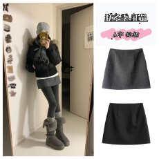 批发高级感灰色毛呢半身裙女秋冬新款高腰遮肚显瘦A字短裙包臀裙