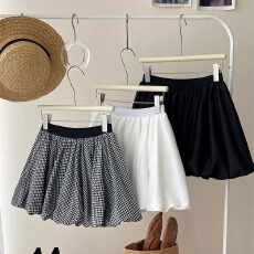 批发原版面料~撞色格子花苞裙小个子<b class='q'>半身</b>裙<b class='q'>短裙</b>女高腰A字裙蓬蓬裙