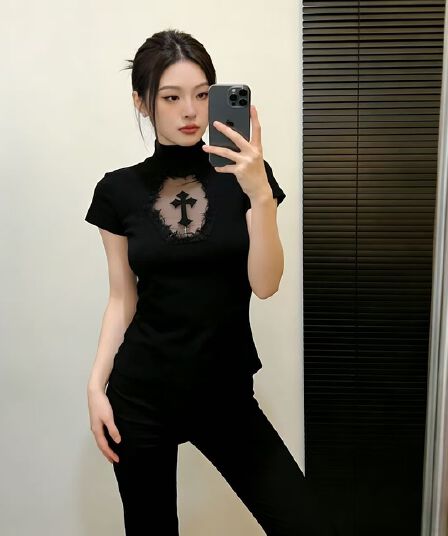 형제 특별 바람 아메리칸 핫걸 섹시함 십자가 반팔 티셔츠 여성 여름 홀로우 아웃 다용도 슬림해 보이는 검정색 맨위